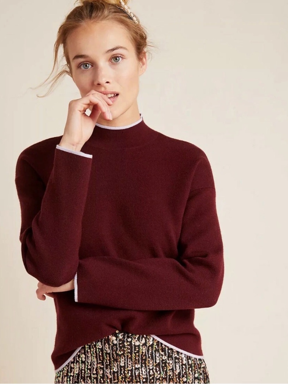 NWT Anthropologie Small Lizzie Mock Neck Sweater Burgundy Pink Trim